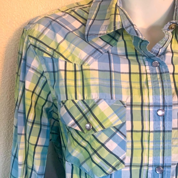 ÁNGEL RANCH plaid western shirt, blue/green, pretty pearl snaps. Size L - Picture 6 of 15